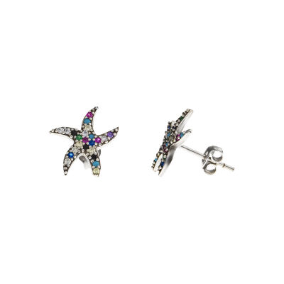 Multicolor Zirkon Taşlı Deniz Yıldızı Tasarım 925 Ayar Gümüş Kadın Küpe - 5