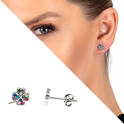 Multicolor Zirkon Taşlı Yonca Yaprağı Tasarım 925 Ayar Gümüş Kadın Küpe - 1