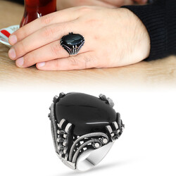 Nail Design Black Onyx Stone Mens 925 Sterling Silver Ring - 1