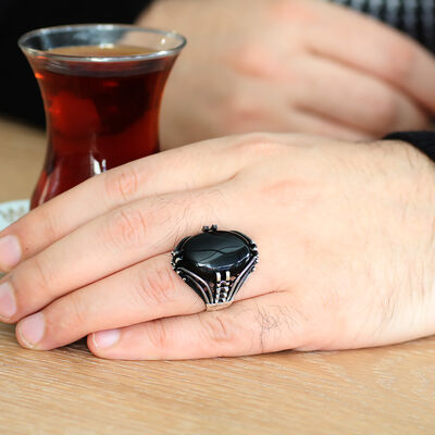 Nail Design Black Onyx Stone Mens 925 Sterling Silver Ring - 2