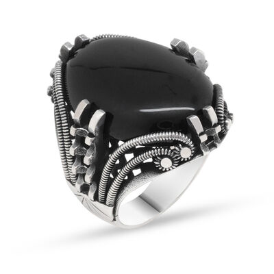 Nail Design Black Onyx Stone Mens 925 Sterling Silver Ring