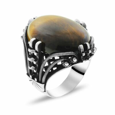 Nail Design Tiger Eye Stone 925 Sterling Silver Mens Ring - 2