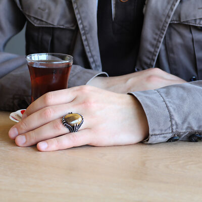 Nail Design Tiger Eye Stone 925 Sterling Silver Mens Ring - 3