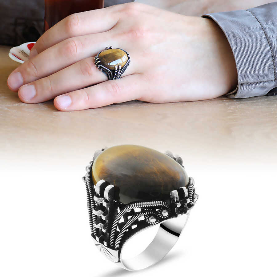 Nail Design Tiger Eye Stone 925 Sterling Silver Mens Ring