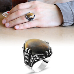 Nail Design Tiger Eye Stone 925 Sterling Silver Mens Ring - Thumbnail