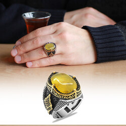 Natural Amber Stone 925 Sterling Silver Mens Ring With Oak Details On The Sides - Thumbnail