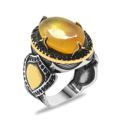 Natural Amber Stone 925 Sterling Silver Mens Ring With Personalized Name / Letter On The Side - 2