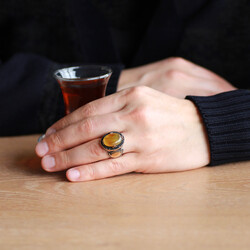 Natural Amber Stone 925 Sterling Silver Mens Ring With Personalized Name / Letter On The Side - 3