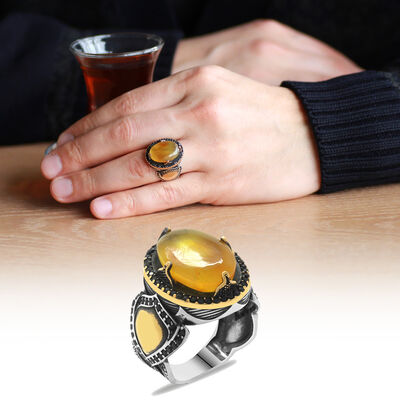Natural Amber Stone 925 Sterling Silver Mens Ring With Personalized Name / Letter On The Side