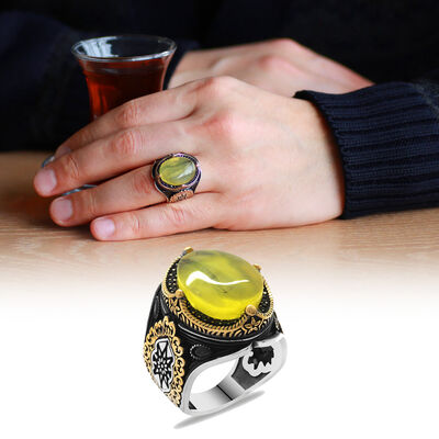 Natural Amber Stone Men's Ring With Side Shade 925 Sterling Silver Sun Shades - 1