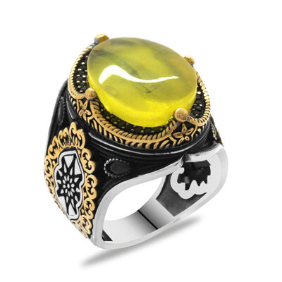 Natural Amber Stone Men's Ring With Side Shade 925 Sterling Silver Sun Shades - 2