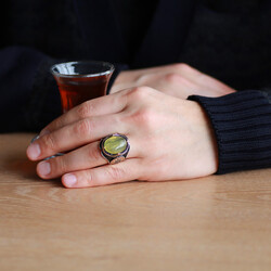 Natural Amber Stone Men's Ring With Side Shade 925 Sterling Silver Sun Shades - Thumbnail