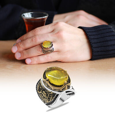 Natural Drops Of Amber Stone On The Sides Blue Mosque Detailed 925 Sterling Silver Men Ring - 1