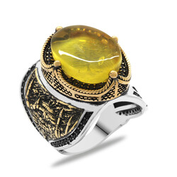 Natural Drops Of Amber Stone On The Sides Blue Mosque Detailed 925 Sterling Silver Men Ring - 2