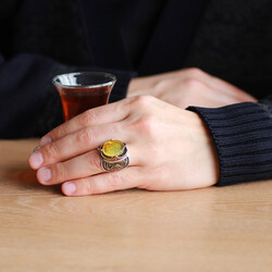 Natural Drops Of Amber Stone On The Sides Blue Mosque Detailed 925 Sterling Silver Men Ring - 3