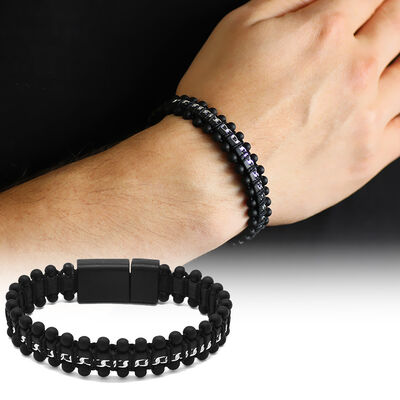 Natural Onyx Stone - Combined Men's Bracelet İn Black Leather