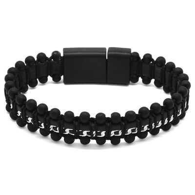 Natural Onyx Stone - Combined Men's Bracelet İn Black Leather