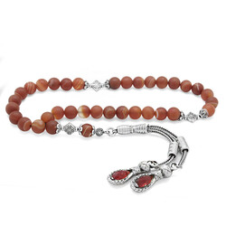 Natural Stone Tasbih With Matte Red Agate And Double Alpaca Tassel - Thumbnail