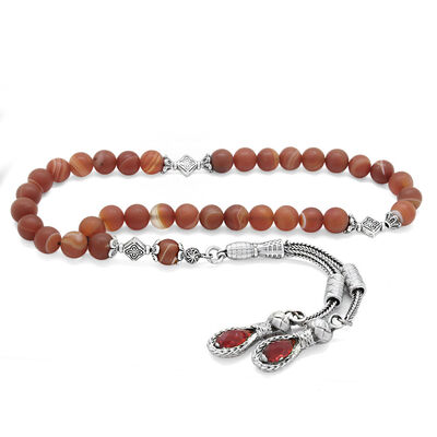 Natural Stone Tasbih With Matte Red Agate And Double Alpaca Tassel