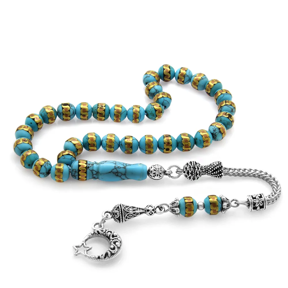 Non-tarnish Metal Tasseled Spiral Oltu-Brass Embroidered Firuze Natural Stone Rosary - 1