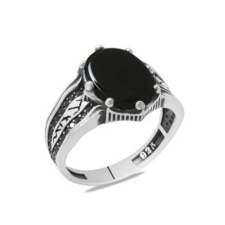 Oniks Taşlı Kenarları Mikro Siyah Zirkon Taş Süslemeli Oval Tasarım 925 Ayar Gümüş Erkek Yüzük - 2