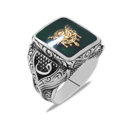Ottoman Emblem Theme Vav Detailed Green Enamel 925 Sterling Silver Mens Ring - Thumbnail