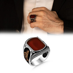 Ottoman Mens Ring İn Sterling Silver With Red Agate And Burgundy Motif Tugra - 1