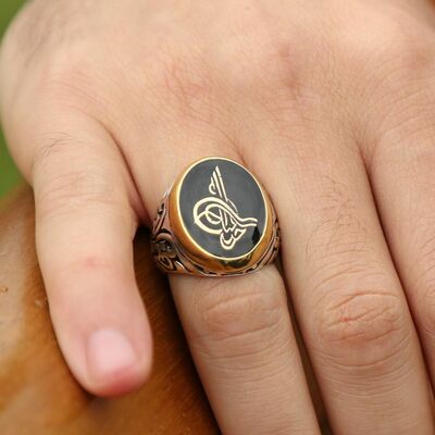 Ottoman Tugra Signet 925 Sterling Silver Mens Ring - Thumbnail