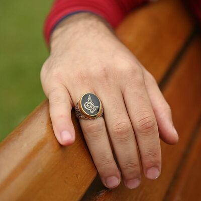 Ottoman Tugra Signet 925 Sterling Silver Mens Ring - Thumbnail