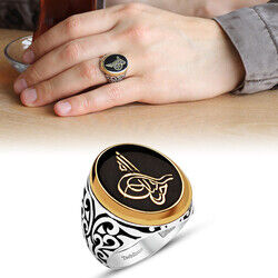 Ottoman Tugra Signet 925 Sterling Silver Mens Ring - Thumbnail