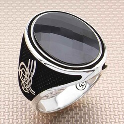 Ottoman Tugra Sterling Silver Mens Ring With Black Zirconia And Black Zirconia - 1