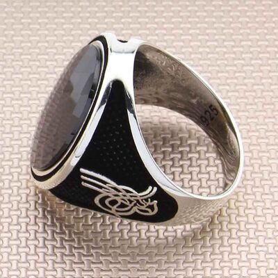 Ottoman Tugra Sterling Silver Mens Ring With Black Zirconia And Black Zirconia - 2