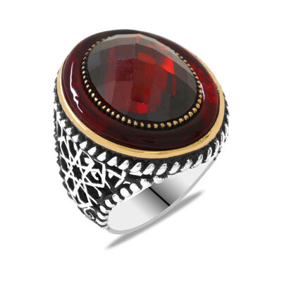 Outer Ring Red Fire Amber 925 Sterling Silver Mens Ring With Faceted Zirconia Stone İn The Center