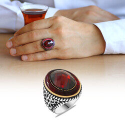Outer Ring Red Fire Amber 925 Sterling Silver Mens Ring With Faceted Zirconia Stone İn The Center