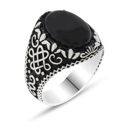 Oval Black Onyx 925 Sterling Silver Mens Ring