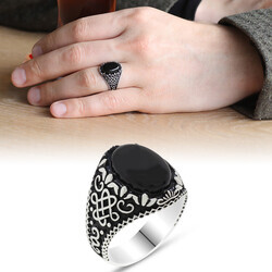 Oval Black Onyx 925 Sterling Silver Mens Ring - Thumbnail