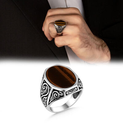 Oval Cut Tiger's Eye Sterling Silver Mens Ring - 1
