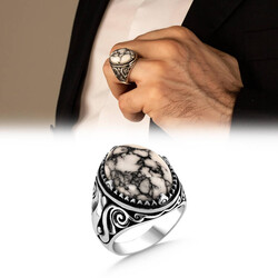 Oval Shape Sterling Silver Mens Ring With White Turquoise Stone And Oval Design - 1