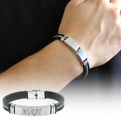 Personalized Bracelet Made Of Steel And Leather (Model-3) - Thumbnail