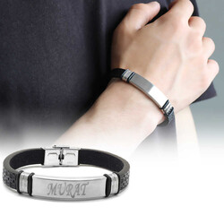 Personalized Name Bracelet İn Steel And Leather (Model-6) - Thumbnail