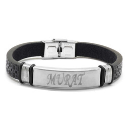 Personalized Name Bracelet İn Steel And Leather (Model-6) - Thumbnail