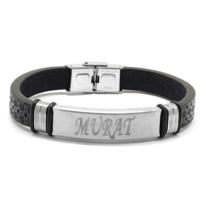 Personalized Name Bracelet İn Steel And Leather (Model-6)