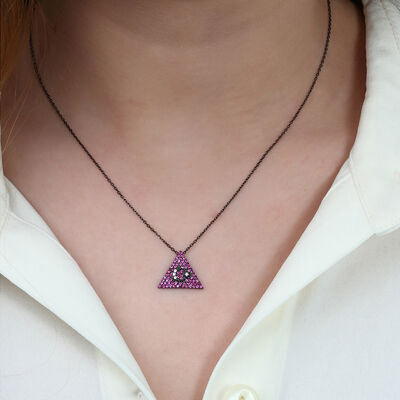 Pink Zircon Stone Triangle Design Ayyildiz 925 Sterling Silver Womens Necklace - 2