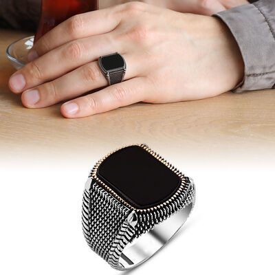 Polka Dot Embroidered Black Oval 925 Sterling Silver Mens Onyx Ring - 1