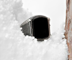 Polka Dot Embroidered Black Oval 925 Sterling Silver Mens Onyx Ring - 4