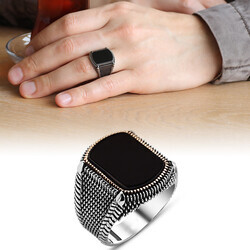 Polka Dot Embroidered Black Oval 925 Sterling Silver Mens Onyx Ring - 7