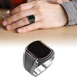 Polka Dot Embroidered Black Oval 925 Sterling Silver Mens Onyx Ring - 8