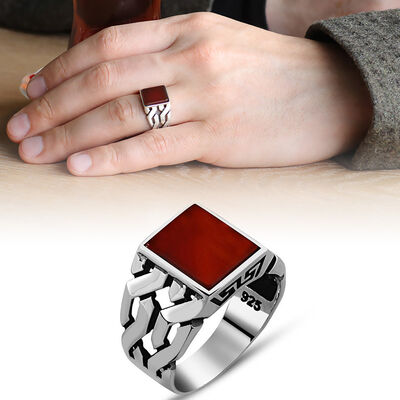 Red Agate 925 Sterling Silver Chain Ring - 1