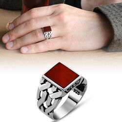 Red Agate 925 Sterling Silver Chain Ring - 4