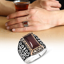 Red Agate Motif 925 Sterling Silver Mens Ring - Thumbnail